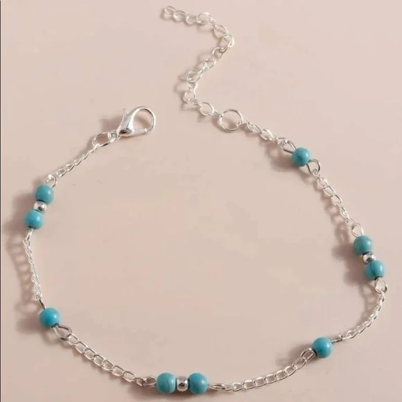 SILVER TURQUOISE BEADED ANKLE BRACELET. NEW - Picture 2 of 2